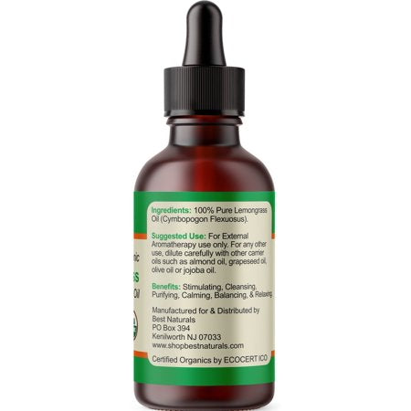 Best Naturals Certified Organic Lemongrass Essential Oil with Glass Dropper 4 FL OZ (120 ml)